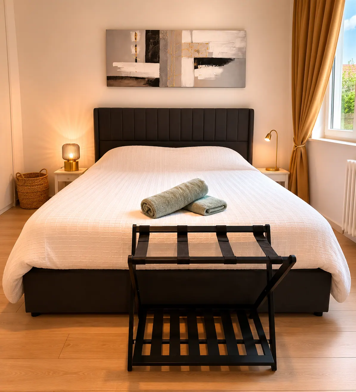 Chambre Airbnb confortable avec tête de lit capitonnée et linge blanc