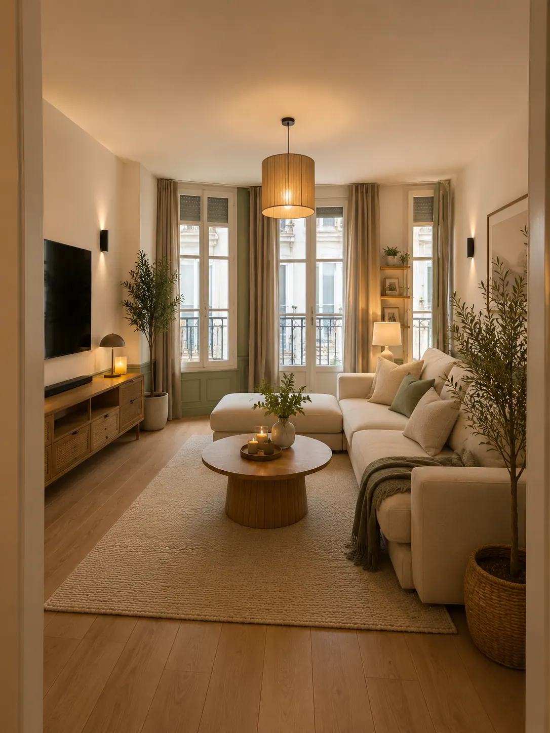 Salon rénové à Cambrai chez monsieur B. : séjour contemporain aux tons sable et bois, canapé beige, table basse en bois et parquet clair par HSP Concept