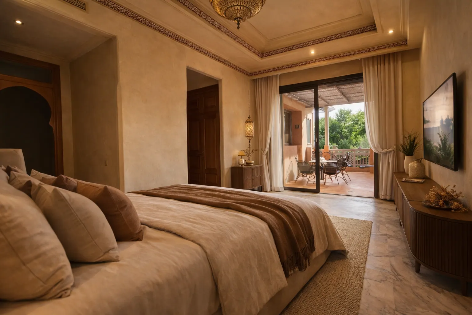 Chambre Airbnb à Marrakech avec vue sur la terrasse — décoration bohème-chic après rénovation par HSP Concept