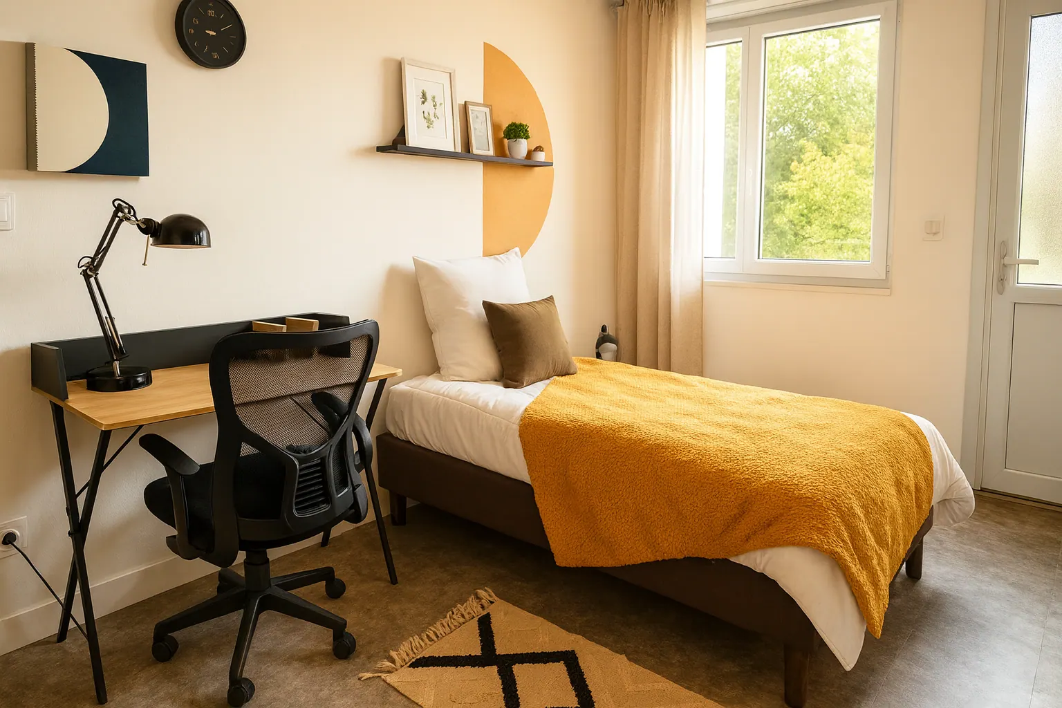 Chambre de colocation à Villeneuve-d'Ascq aménagée avec lit, bureau et déco chaleureuse par HSP Concept