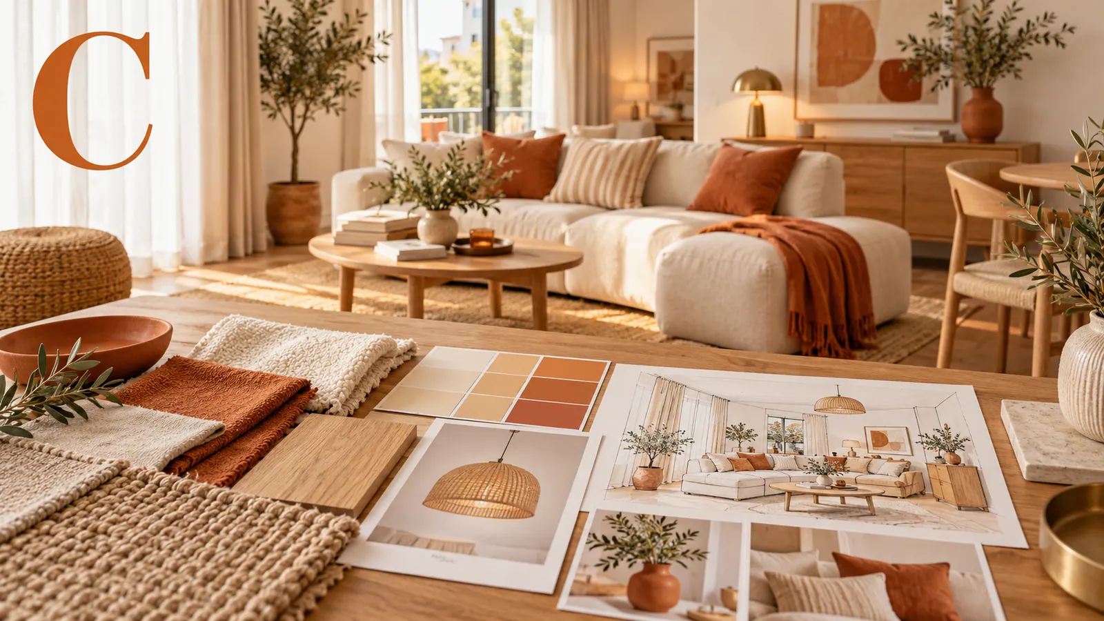 Échantillons textiles, nuancier terracotta et croquis devant un salon aux teintes naturelles