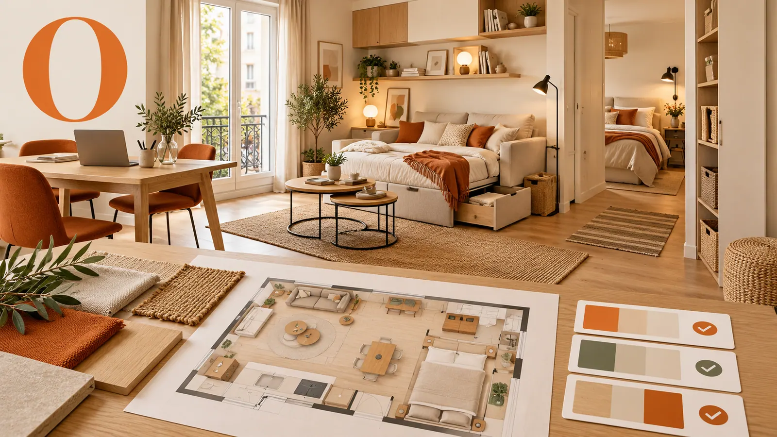 Plan d'aménagement 3D et échantillons de matières devant un appartement meublé en bois clair
