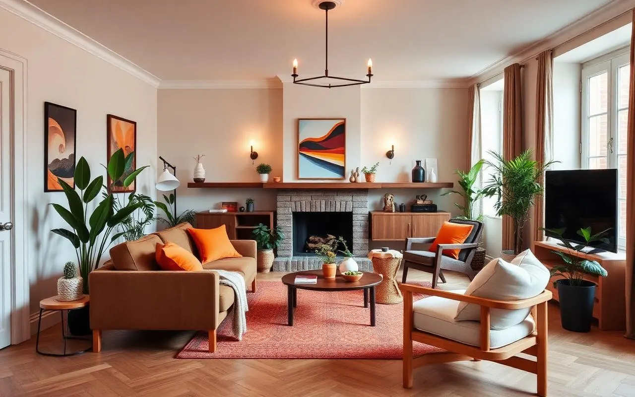 Salon Airbnb premium avec décoration stratégique chaleureuse, touches terracotta et plantes