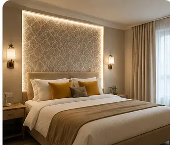 Chambre d'inspiration hôtel cosy : linge blanc immaculé, tête de lit rembourrée et luminaires doux pour une ambiance rassurante.