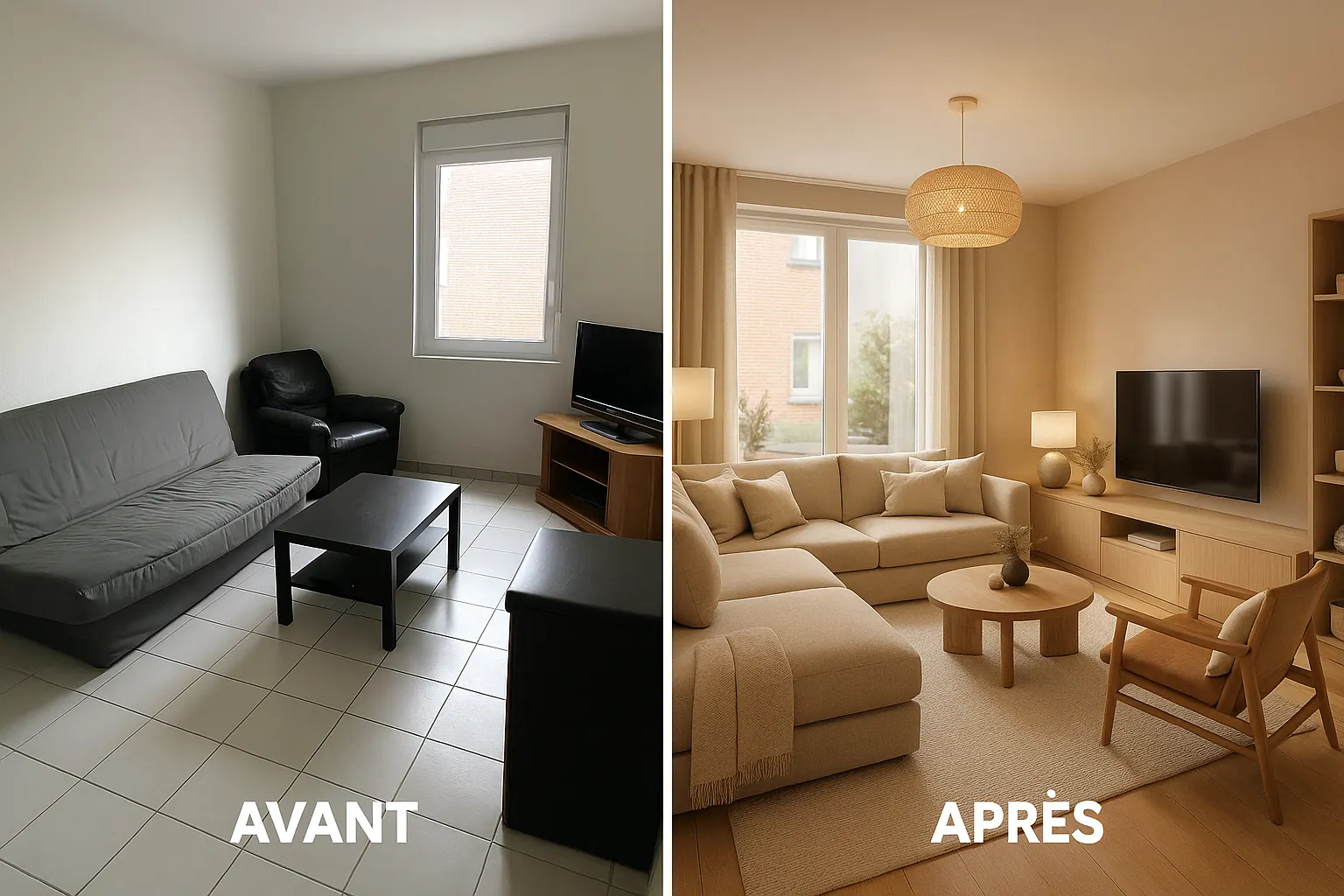 Salon relooké avec IA — avant/après HSP Concept