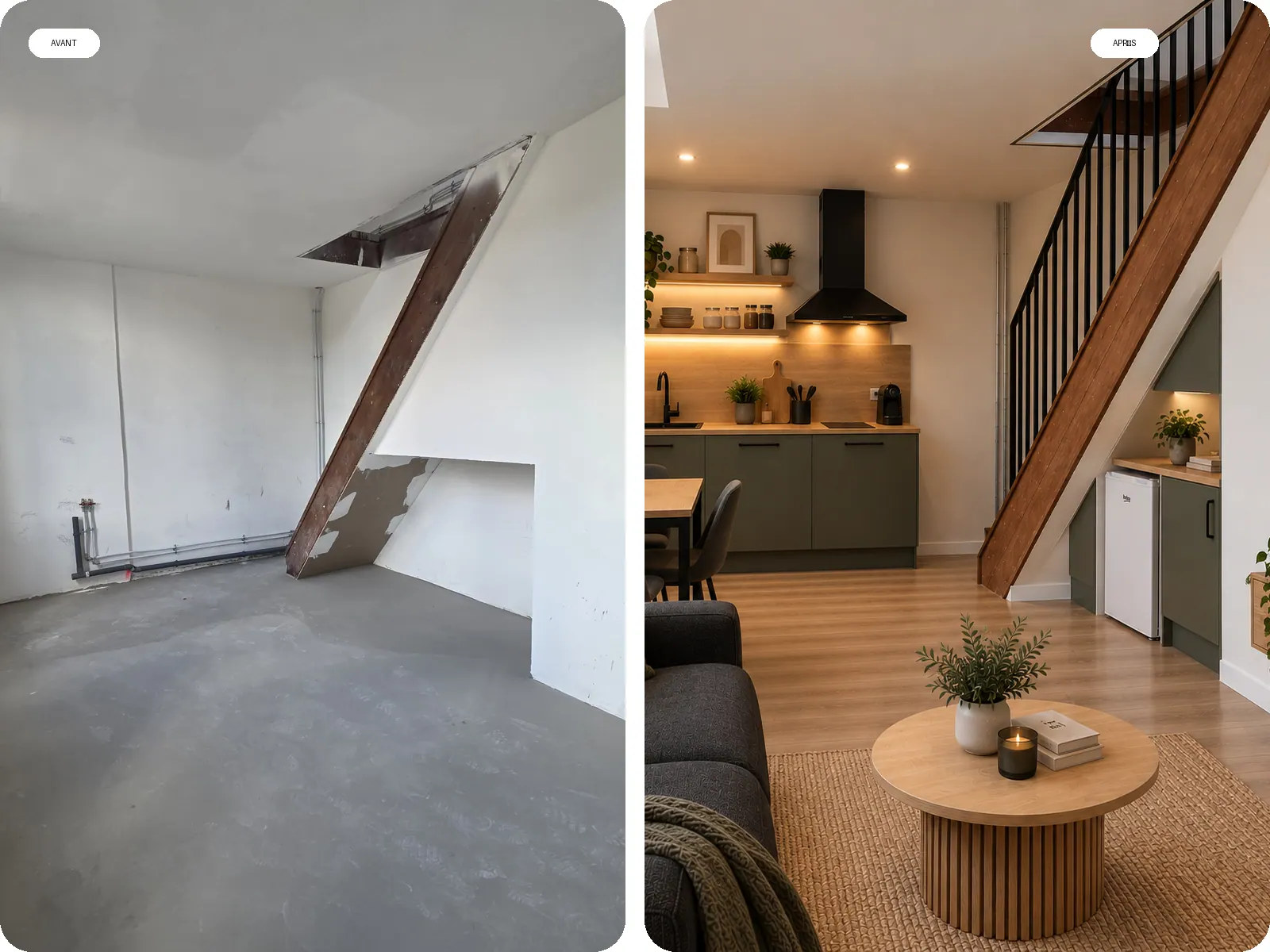Avant-après d'un salon sous escalier transformé en espace cuisine et salon scandinave