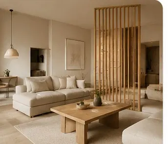Intérieur japandi : alliance minimaliste du design scandinave et de l'esthétique japonaise avec des lignes épurées.