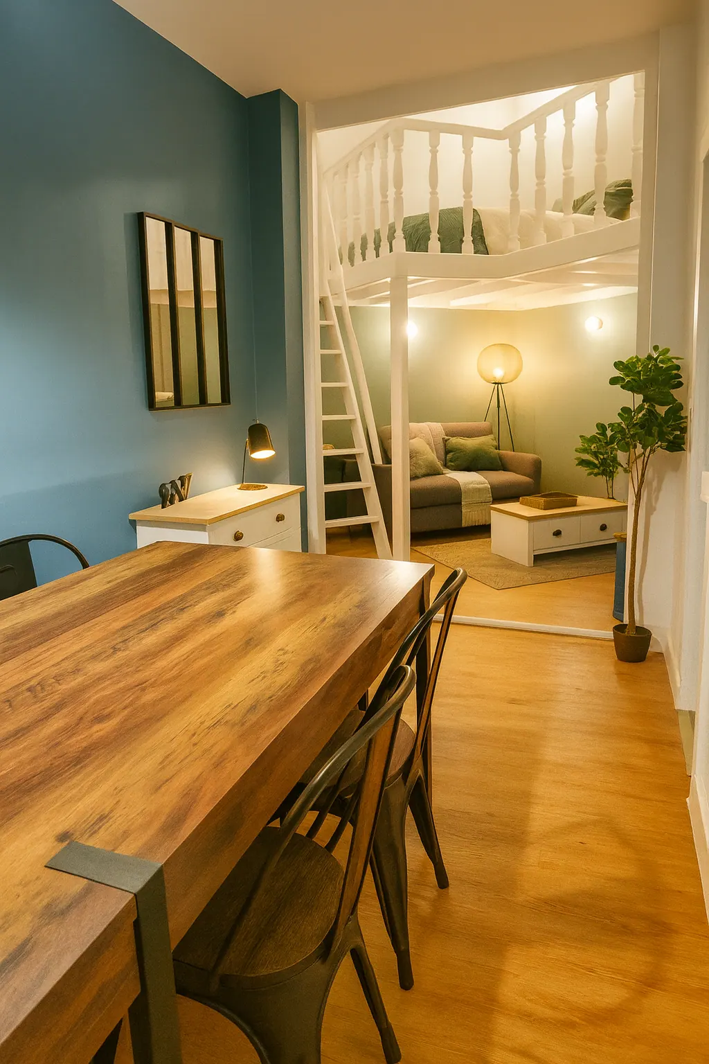 Magnifique T2 à Cambrai avec mezzanine blanche, salon cosy et coin repas optimisé par HSP Concept