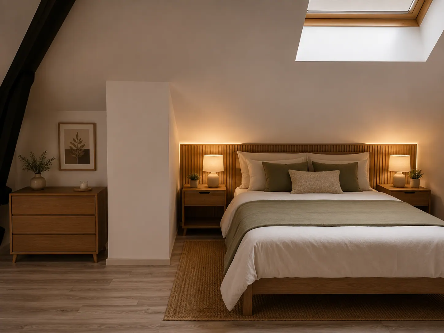 Chambre du T2 à Maubeuge avec tête de lit en tasseaux bois, linge de lit blanc et vert olive, chevets bois