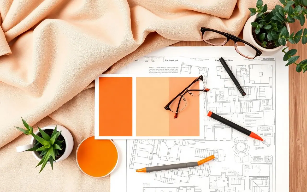 Moodboard de décoration d'intérieur : nuancier orange, plan d'architecte et échantillons textiles