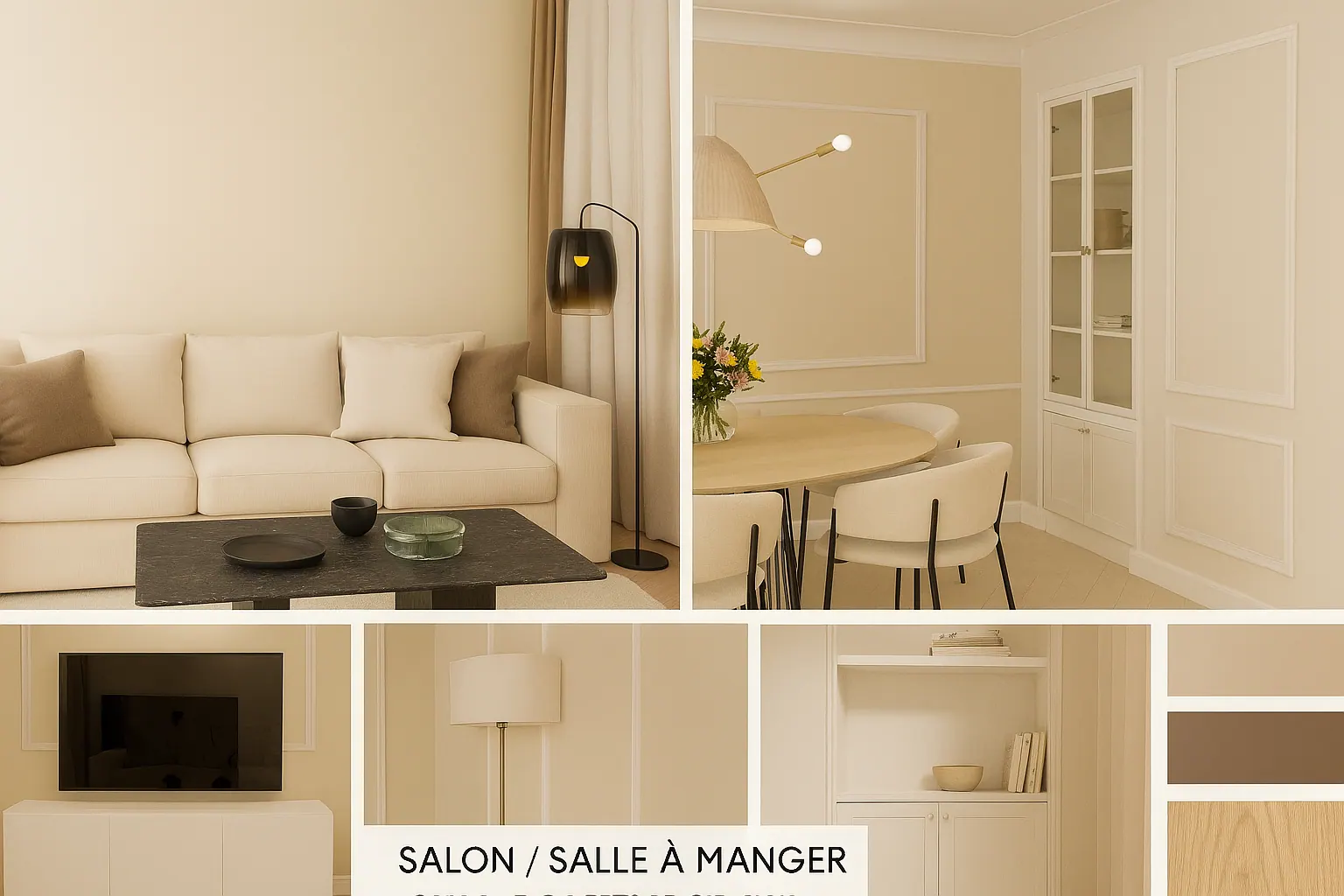 Moodboard salon / salle à manger : inspirations chic avec moulures, palette beige et crème