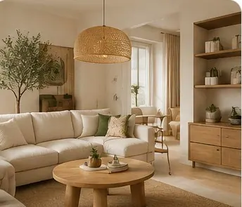 Salon naturel élégant : bois clair, tons beiges et touches végétales pour un intérieur apaisant et intemporel.