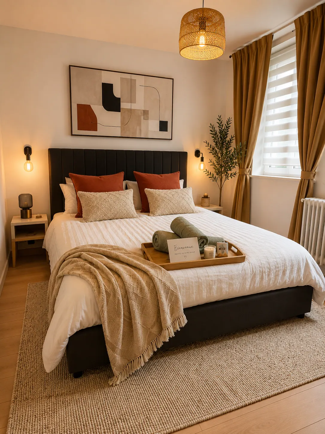 Chambre cosy avec tête de lit noire, coussins terracotta et plateau d'accueil
