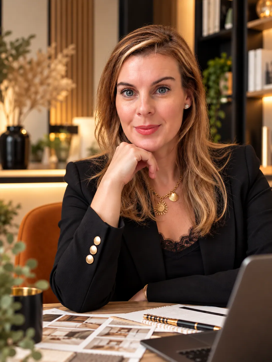 Perrine Petiau, fondatrice de HSP-Concept, assise à son bureau dans son atelier