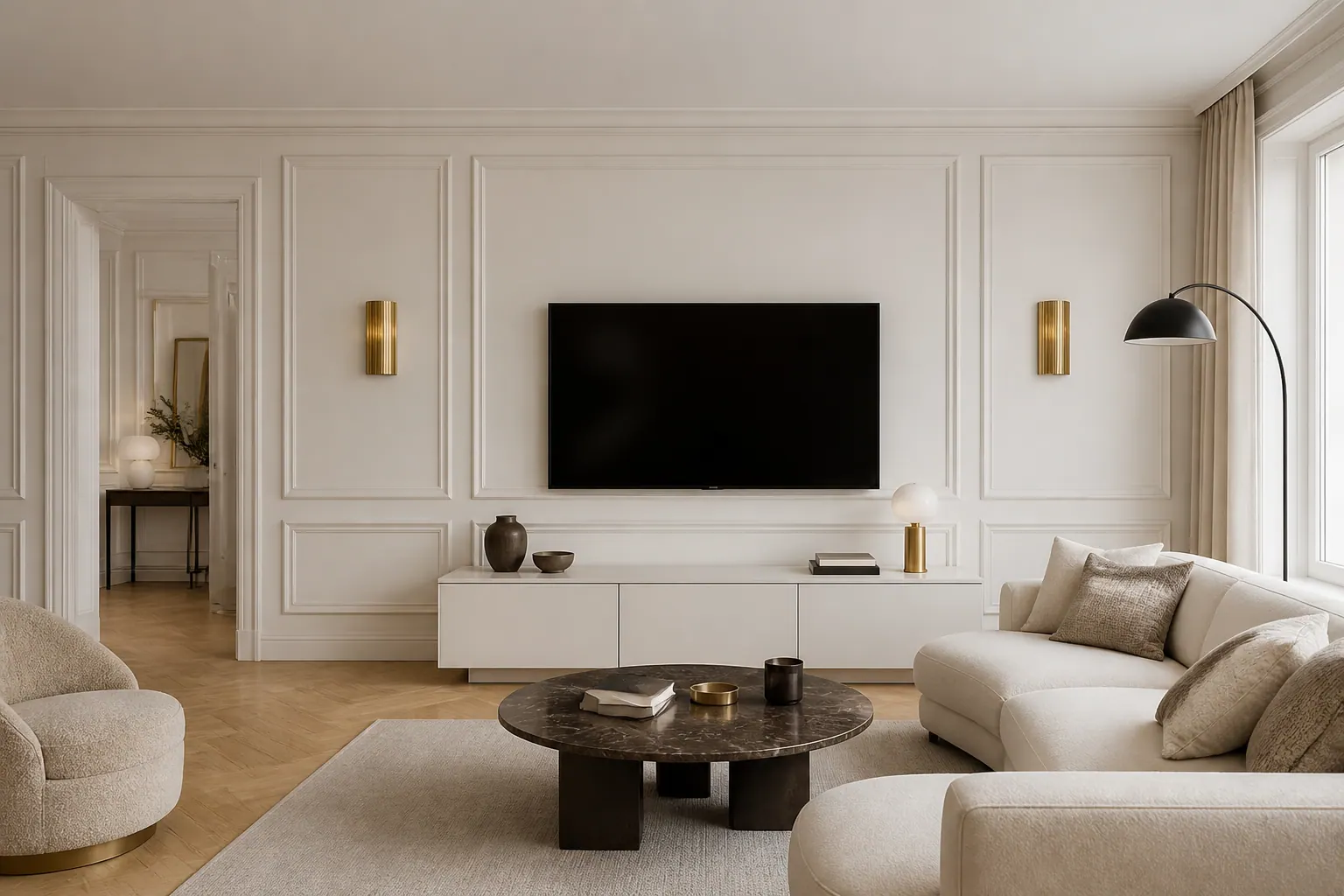 Coin salon avec moulures murales blanches, TV intégrée, canapé crème et table basse ronde en pierre foncée — projet HSP Concept