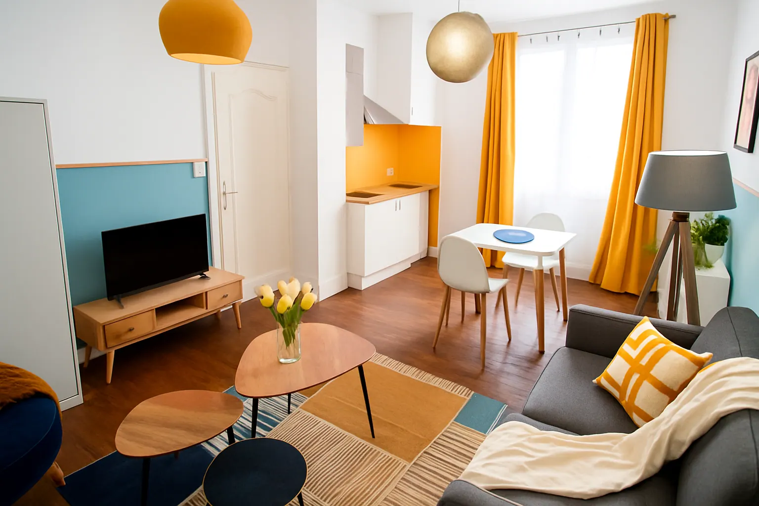 Studio optimisé à Valenciennes avec salon coloré, cuisine ouverte et déco Concept Renta Déco par HSP Concept