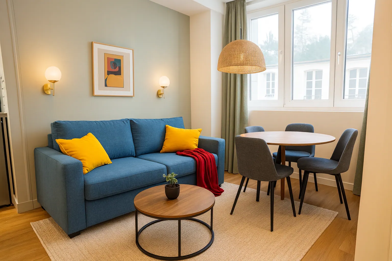 Salon d'un T2 à Valenciennes avec canapé bleu, coussins moutarde, coin repas et belle hauteur sous plafond par HSP Concept