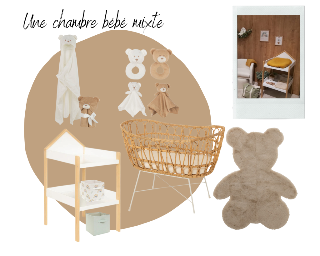 Pack du Mois pour chambre bébé : rangements, table à langer, berceau bambou, tapis et accessoires ours doux et pratiques.